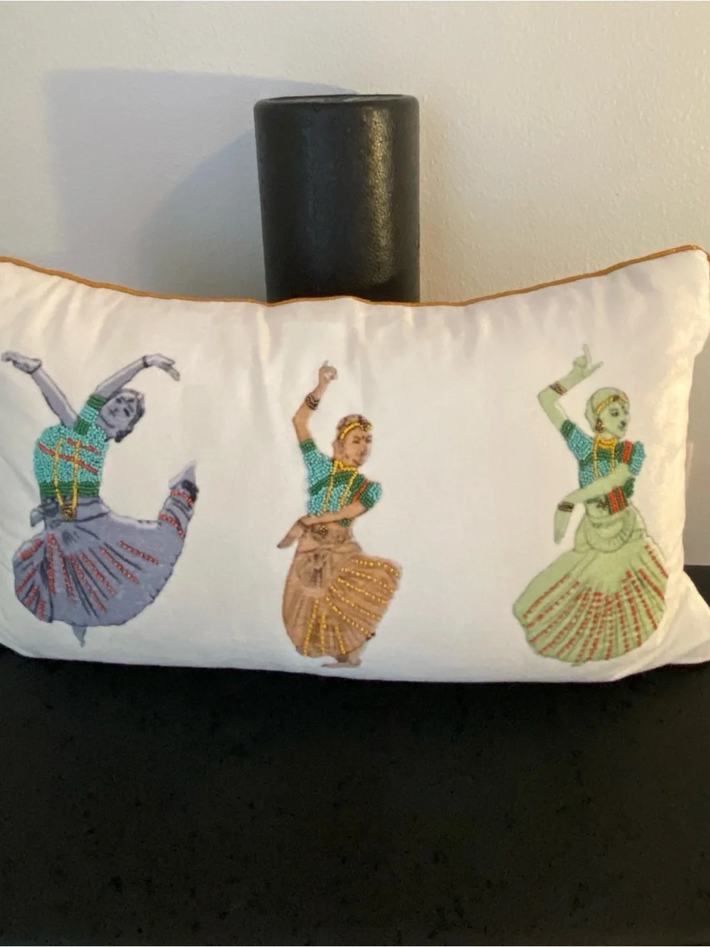 Embroidered Dance Motif Lumbar Pillow - White with Multicolor Figures